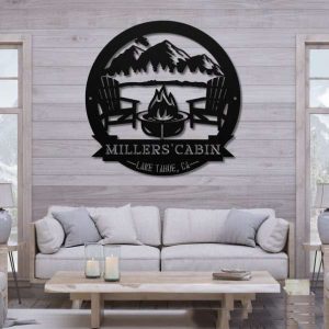 Personalized Cabin with Mountain Scene Camping Firepit Custom Metal Sign 4