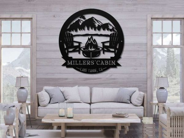 Personalized Cabin with Mountain Scene Camping Firepit Custom Metal Sign