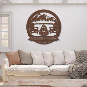 Personalized Cabin with Mountain Scene Camping Firepit Custom Metal Sign 5