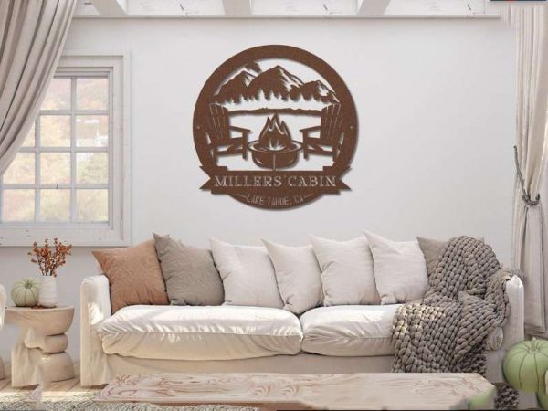 Personalized Cabin with Mountain Scene Camping Firepit Custom Metal Sign