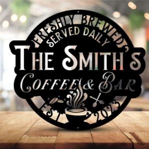 Personalized Coffee and Bar Sign Metal Coffee Signs Backyard Bar Sign Kitchen Wall Decor Coffee Family Name Sign 1