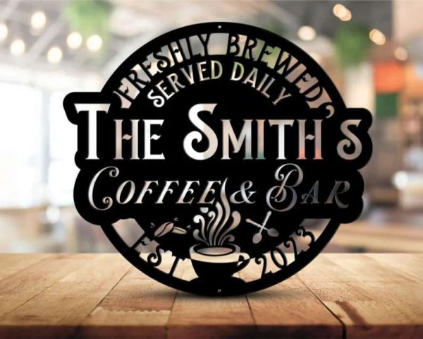 Personalized Coffee and Bar Sign Metal Coffee Signs Backyard Bar Sign Kitchen Wall Decor Coffee Family Name Sign