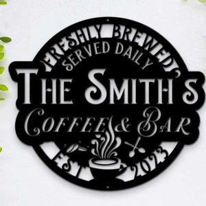 Personalized Coffee and Bar Sign Metal Coffee Signs Backyard Bar Sign Kitchen Wall Decor Coffee Family Name Sign 2