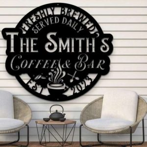 Personalized Coffee and Bar Sign Metal Coffee Signs Backyard Bar Sign Kitchen Wall Decor Coffee Family Name Sign