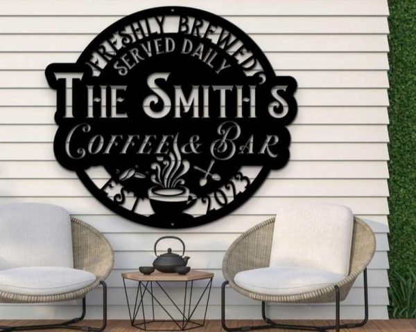 Personalized Coffee and Bar Sign Metal Coffee Signs Backyard Bar Sign Kitchen Wall Decor Coffee Family Name Sign