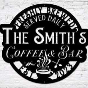 Personalized Coffee and Bar Sign Metal Coffee Signs Backyard Bar Sign Kitchen Wall Decor Coffee Family Name Sign 5