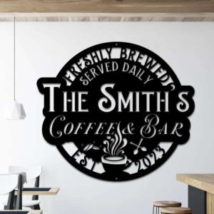 Personalized Coffee and Bar Sign Metal Coffee Signs Backyard Bar Sign Kitchen Wall Decor Coffee Family Name Sign 6