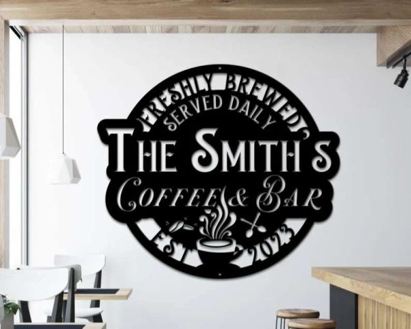 Personalized Coffee and Bar Sign Metal Coffee Signs Backyard Bar Sign Kitchen Wall Decor Coffee Family Name Sign