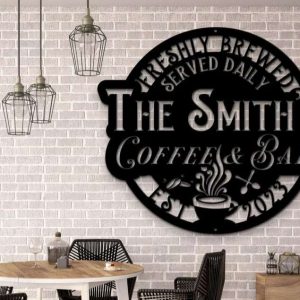 Personalized Coffee and Bar Sign Metal Coffee Signs Backyard Bar Sign Kitchen Wall Decor Coffee Family Name Sign 7