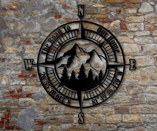 Personalized Compass Coordinates Sign The Road To Our Home Sign Nautical Compass Custom Metal Sign Mountain Sign