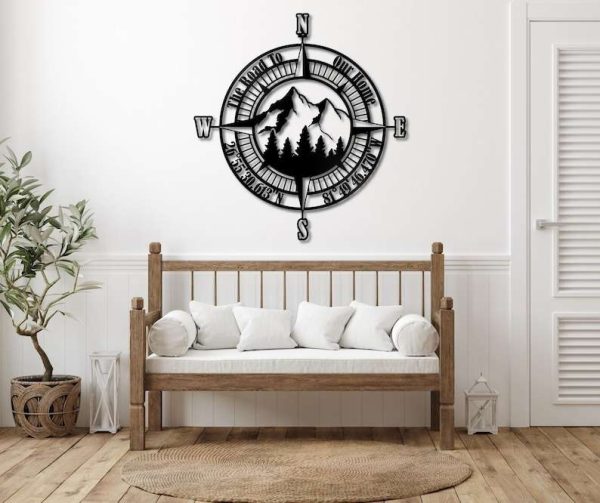 Personalized Compass Coordinates Sign The Road To Our Home Sign Nautical Compass Custom Metal Sign Mountain Sign