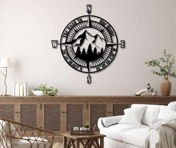 Personalized Compass Coordinates Sign The Road To Our Home Sign Nautical Compass Custom Metal Sign Mountain Sign