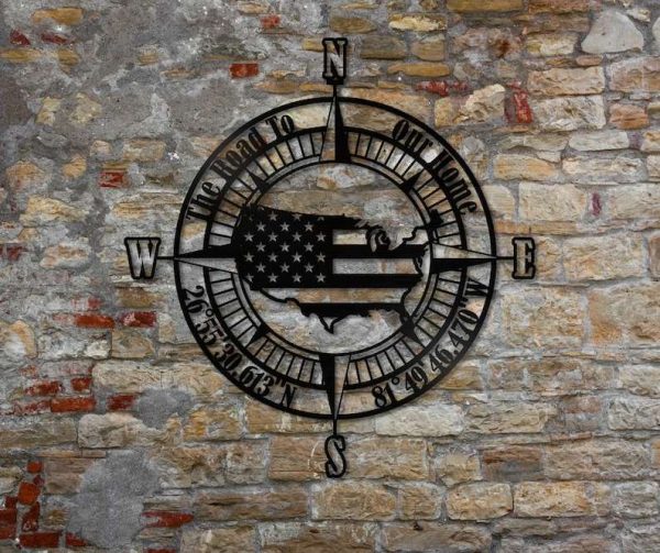 Personalized Compass Sign Coordinates Sign American Map Independence Day Veteran Day Patriotic Decor  Custom Metal Sign Outdoor Decor