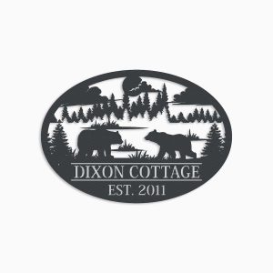 Personalized Couple Bear Camping Cottage Scenery Custom Metal Sign 1