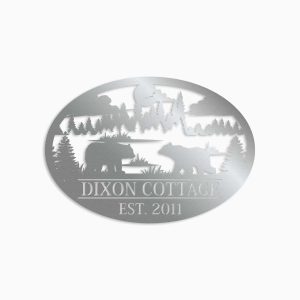 Personalized Couple Bear Camping Cottage Scenery Custom Metal Sign 2