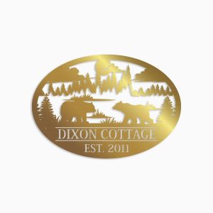 Personalized Couple Bear Camping Cottage Scenery Custom Metal Sign 3