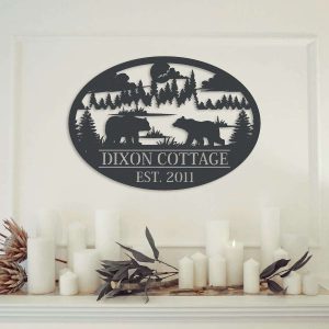 Personalized Couple Bear Camping Cottage Scenery Custom Metal Sign 4