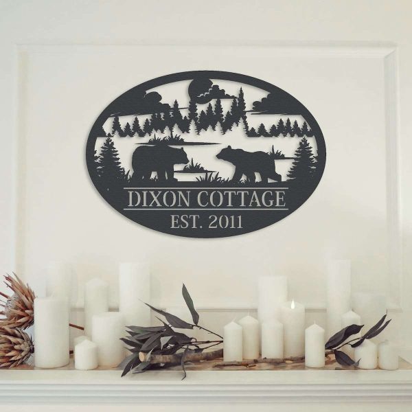 Personalized Couple Bear Camping Cottage Scenery Custom Metal Sign