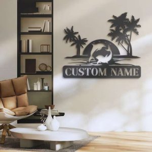 Personalized Couple Dolphin Sign Palm Tree Beach House Metal Sign Dolphin Lover Gift Wedding Gift