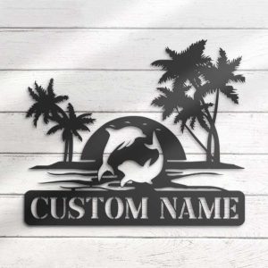 Personalized Couple Dolphin Sign Palm Tree Beach House Metal Sign Dolphin Lover Gift Wedding Gift 4