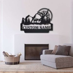 Personalized Deer Mountain Forest Wall Art Compass Hill Tree Adventure Custom Metal Sign