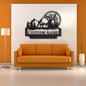 Personalized Deer Mountain Forest Wall Art Compass Hill Tree Adventure Custom Metal Sign 2