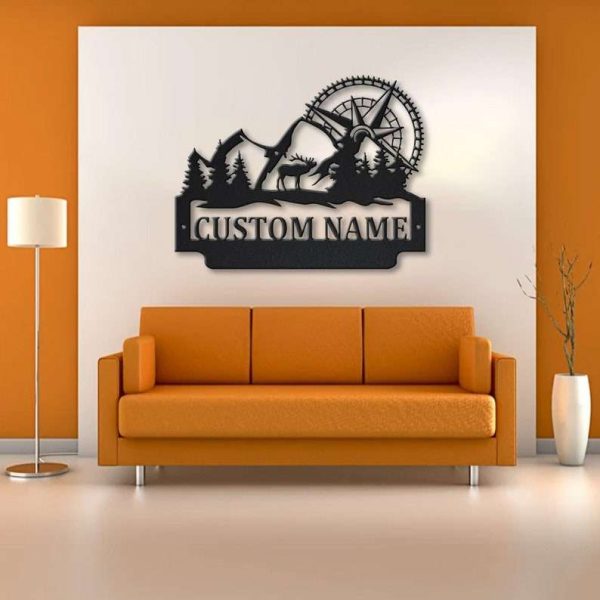 Personalized Deer Mountain Forest Wall Art Compass Hill Tree Adventure Custom Metal Sign