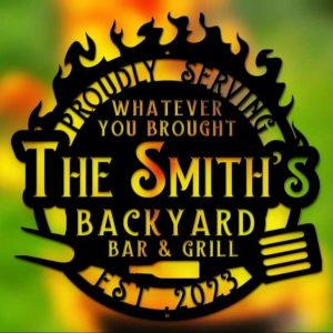 Personalized Flaming BBQ Metal Art Sign Custom BBQ SmokeHouse and Grill Sign Backyard Bar Sign with Inspiring Quotes Outdoor Family Name Decoration