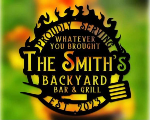 Personalized Flaming BBQ Metal Art Sign Custom BBQ SmokeHouse and Grill Sign Backyard Bar Sign with Inspiring Quotes Outdoor Family Name Decoration