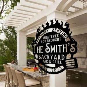 Personalized Flaming BBQ Metal Art Sign Custom BBQ SmokeHouse and Grill Sign Backyard Bar Sign with Inspiring Quotes Outdoor Family Name Decoration 3