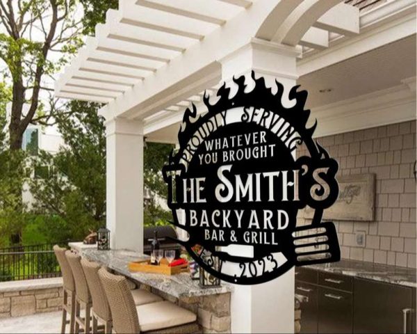 Personalized Flaming BBQ Metal Art Sign Custom BBQ SmokeHouse and Grill Sign Backyard Bar Sign with Inspiring Quotes Outdoor Family Name Decoration