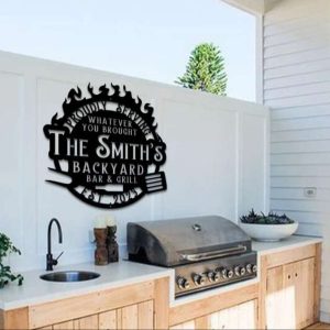 Personalized Flaming BBQ Metal Art Sign Custom BBQ SmokeHouse and Grill Sign Backyard Bar Sign with Inspiring Quotes Outdoor Family Name Decoration2