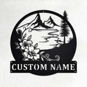 Personalized Floral Lake View Mountain Camping Hiking Custom Metal Sign
