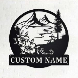 Personalized Floral Lake View Mountain Camping Hiking Custom Metal Sign 1