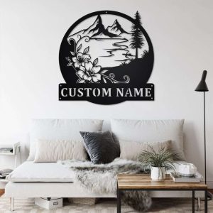 Personalized Floral Lake View Mountain Camping Hiking Custom Metal Sign