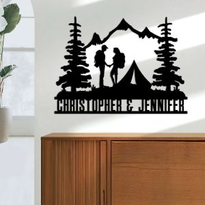Personalized Forest Camping Couple Hikers Backpacking Mountain Scene Custom Metal Sign