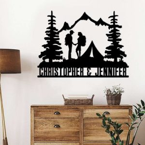 Personalized Forest Camping Couple Hikers Backpacking Mountain Scene Custom Metal Sign 3