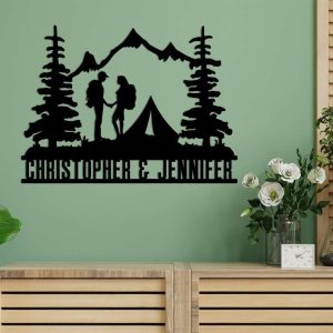 Personalized Forest Camping Couple Hikers Backpacking Mountain Scene Custom Metal Sign