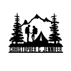 Personalized Forest Camping Couple Hikers Backpacking Mountain Scene Custom Metal Sign
