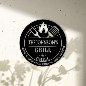 Personalized Grill And Chill Metal Sign BBQ Gifts Backyard Bar And Grill Sign Outdoor Kitchen Backyard Decor Housewarming Gift 1