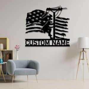 Personalized Lineman American Flag Lineworker Electrician Decor Custom Metal Sign 1