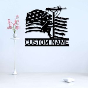 Personalized Lineman American Flag Lineworker Electrician Decor Custom Metal Sign 2