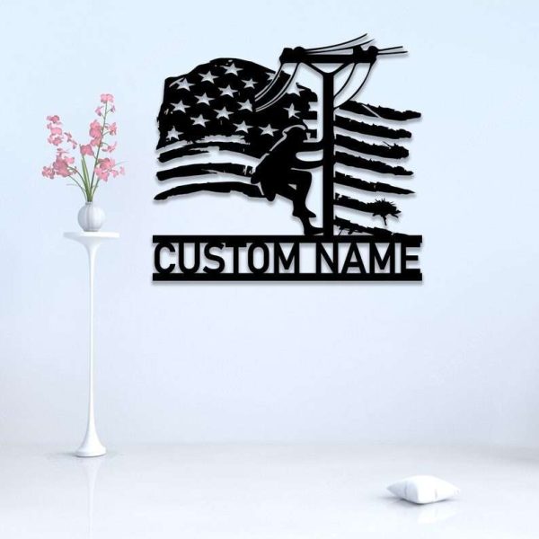 Personalized Lineman American Flag Lineworker Electrician Decor Custom Metal Sign