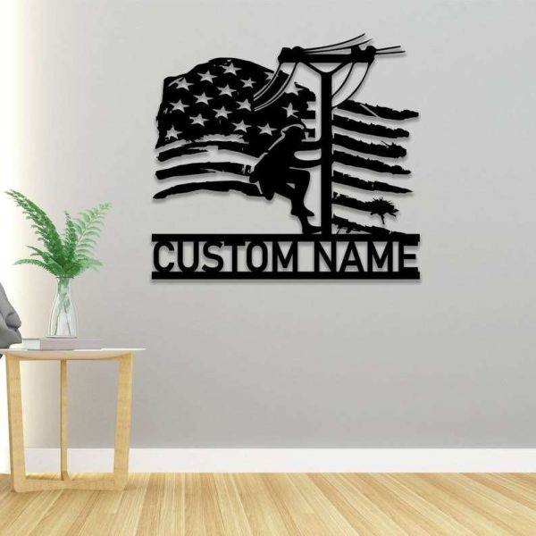 Personalized Lineman American Flag Lineworker Electrician Decor Custom Metal Sign