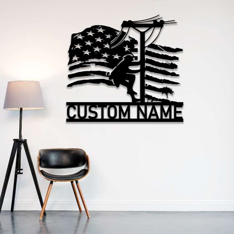 Personalized Lineman American Flag Lineworker Electrician Decor Custom Metal Sign 4