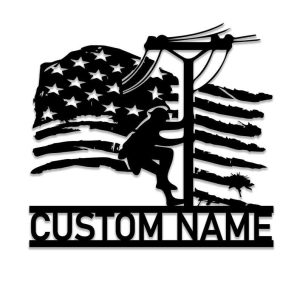 Personalized Lineman American Flag Lineworker Electrician Decor Custom Metal Sign 5