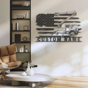 Personalized Lineman Bucket Truck Driver US Flag Heavy Equipment Home Decoration Custom Metal Sign 1