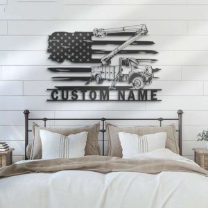 Personalized Lineman Bucket Truck Driver US Flag Heavy Equipment Home Decoration Custom Metal Sign 3