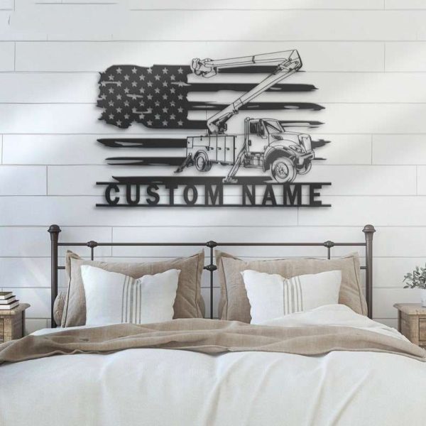 Personalized Lineman Bucket Truck Driver US Flag Heavy Equipment Home Decoration Custom Metal Sign