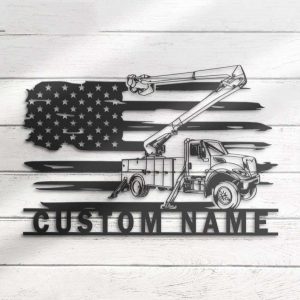 Personalized Lineman Bucket Truck Driver US Flag Heavy Equipment Home Decoration Custom Metal Sign 4